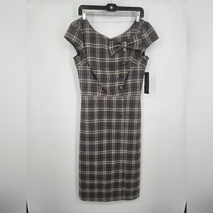 Stop Staring! Brown Gray Cream Plaid Midi Dress with Bow XL